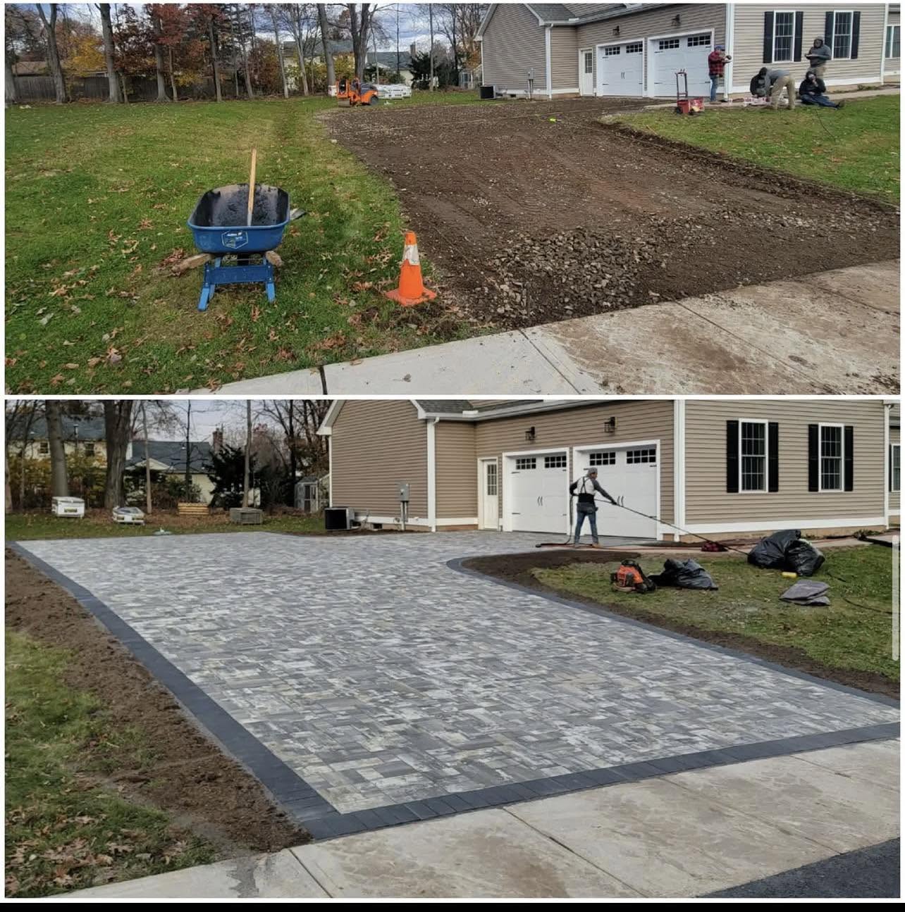 Herringbone paver driveway with a charcoal border